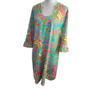 KATHERINE WAY Womens 2XL Long Sleeve Tunic Dress Multi Color Print Made in USA